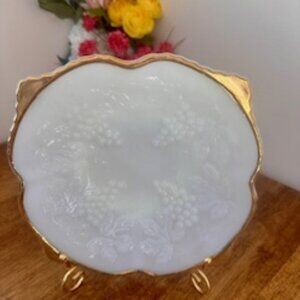 Vintage Anchor Hocking Milk Glass Pedestal Bowl with Raised Grape Cluster and Go